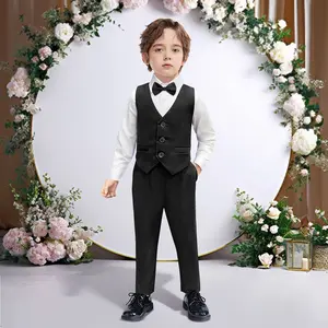 Boys Suit Set Formal Dress Shirt with Bow Tie, Slim Vest and Pants Toddler Boy Clothes Suits