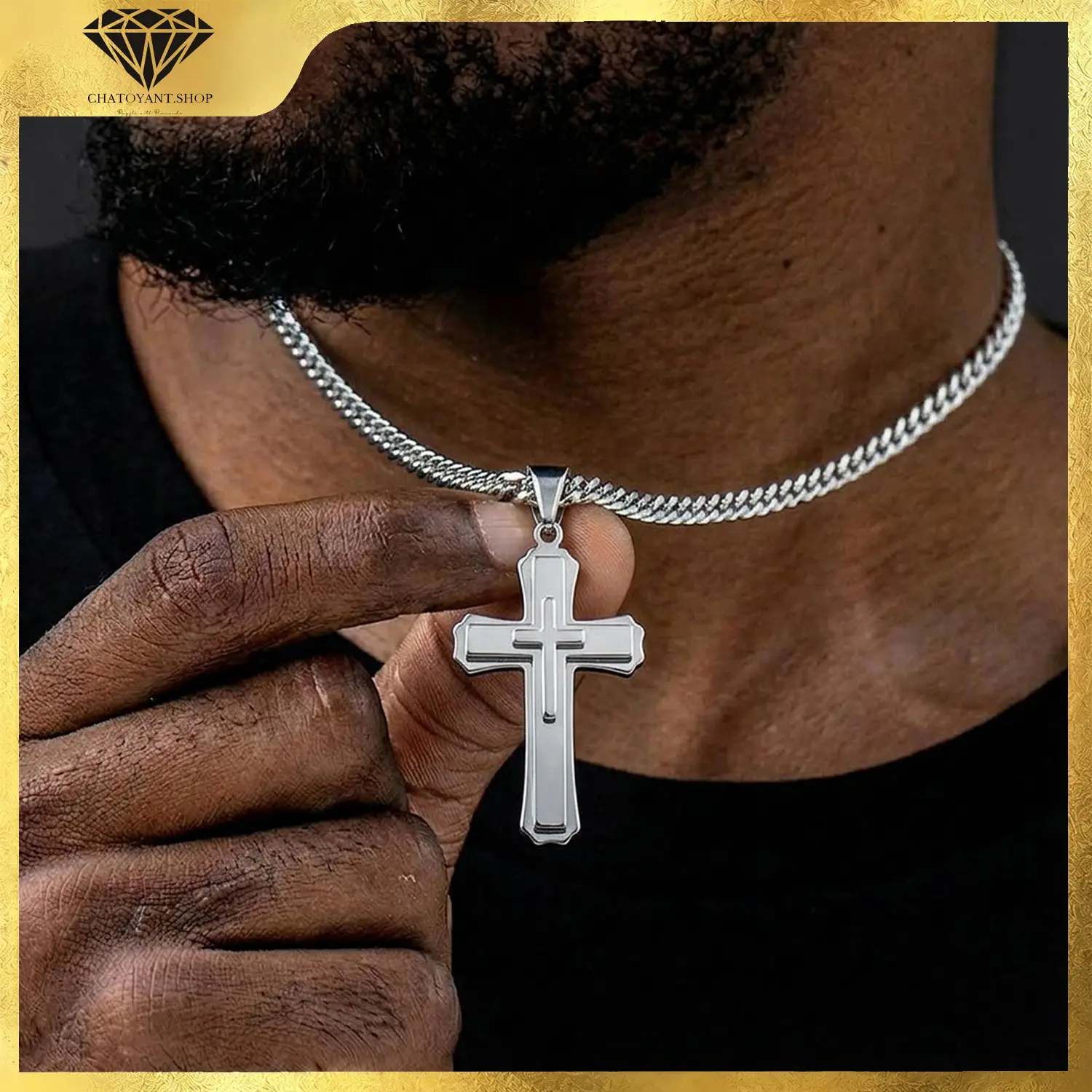 Men's Stainless Steel Cuban Chain Cross Pendant Necklace - Sleek Shine Single Steel Chain - Daily Ready Men's Fashion Accessory - Ideal Gift for Him, Stainless Steel, Daily Ready, Steel Chain, Sleek Shine