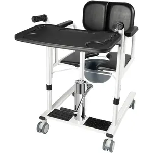 Hydraulic Patient Lift Nursing Chair, 4 in 1 Shower Chair Transport Wheelchair, 180° Open & Close, Adjustable Lifting Height Transfer Aid w/Potty Dining Table for Home Elderly (Black)