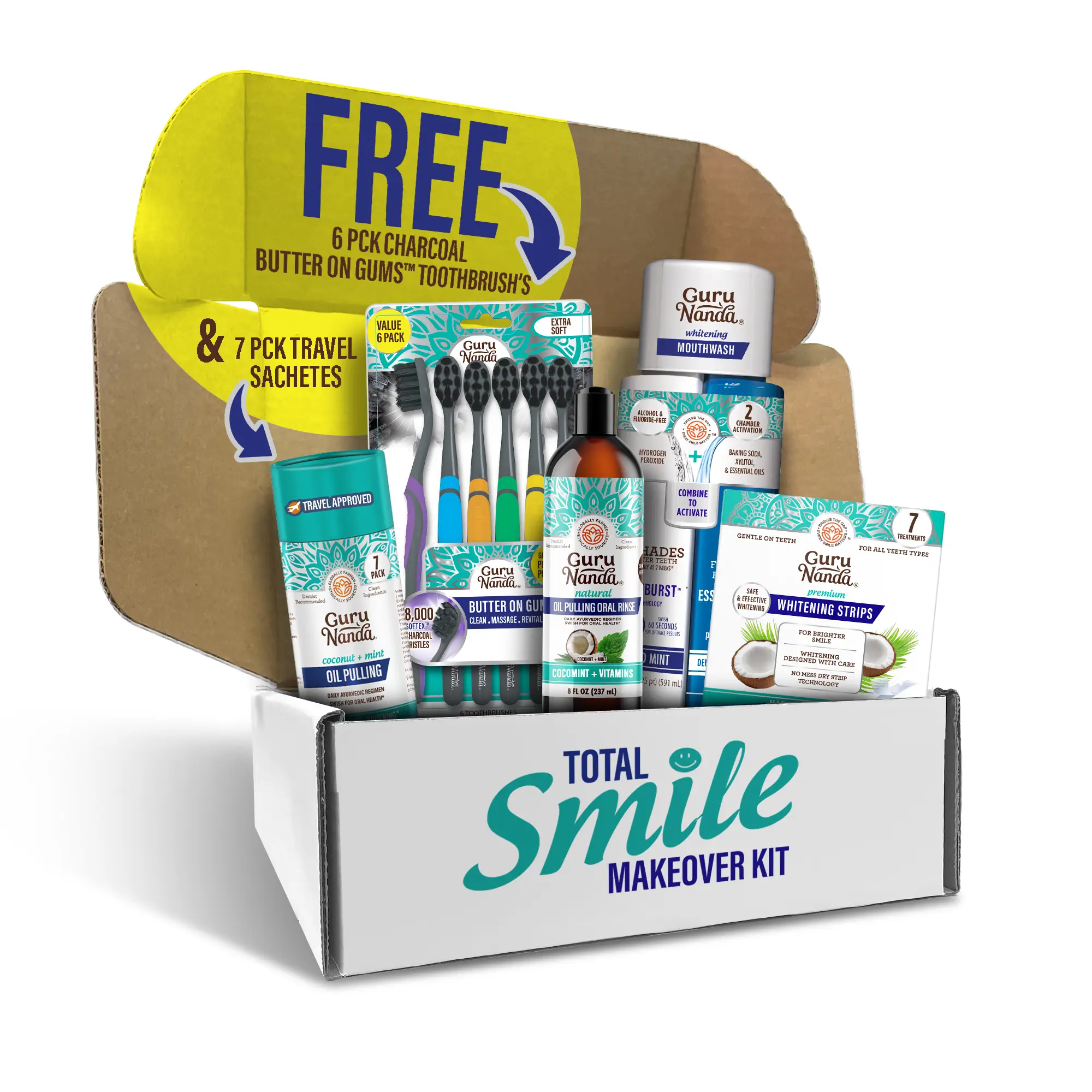 Charcoal Total Smile Makeover Kit, Perfect Smile Package - GuruNanda Oil Pulling, Mouthwash, Whitening Strips & Toothbrushes
