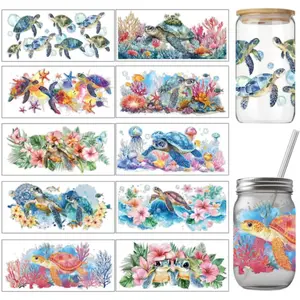10 Sheets UV Cup Transfer Paper, 11x24cm (4.3x9.5 Inches) Turtle Coral Pattern Transfer Stickers Cartoon Waterproof PVC Stickers for DIY 16OZ Glass Cups Home Office Decoration Stickers