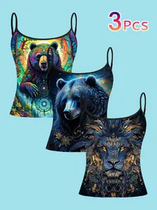 3-Piece Tribal Totem Animal Print Strapless Top, Forest Color Bear Starry Blue Bear Gold Lion Head Slim Fit, Casual Summer Sleeveless T-Shirt