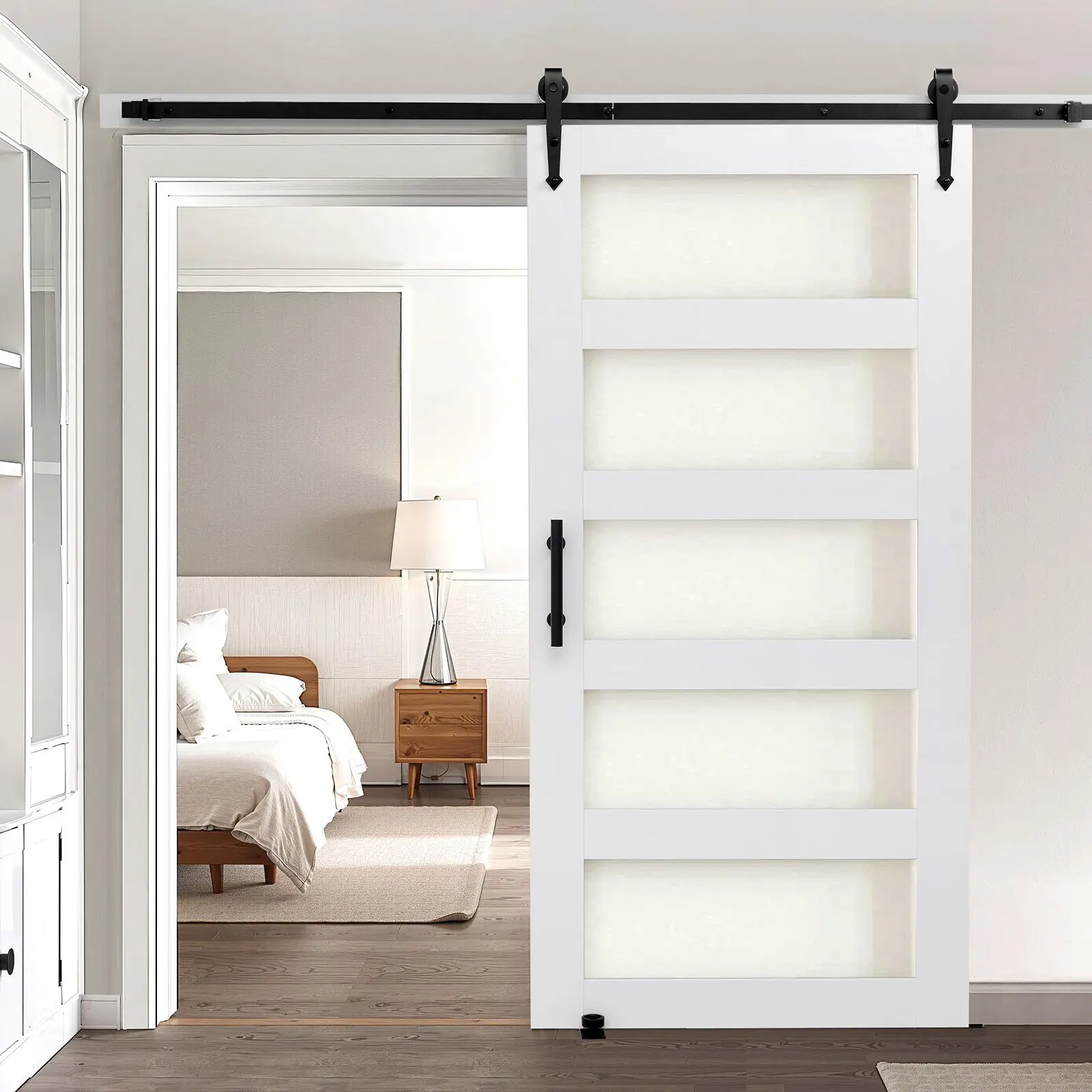 VEVOR 42x84 In Barn Door Design Sliding Door, High-Strength MDF & Frosted Glass Panel, H-Frame, Waterproof PVC Surface, Included Hardware Kit, Easy Installation, Smooth Quiet Sliding for Living Room, Bedroom, Laundry Room, Home Decor, 42 X 84 Inch