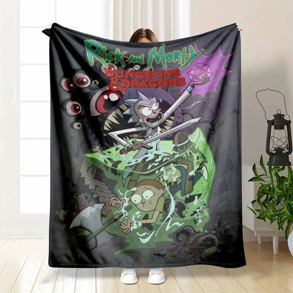 Rick and Morty vs Dungeons and Dragons Flannel Blanket Sci Fi Fantasy RPG Art D20 Die Print Soft Warm Fuzzy Throw Perfect for Gamer Room Dorm Bedroom Sofa Funny Gift summerwins