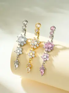 Shiny Brilliance Cubic Zirconia Navel Ring with Star Flower and Prong Pendant, Stainless Steel Belly Button Jewelry for Women, Unique Elegant Everyday and Party Wear