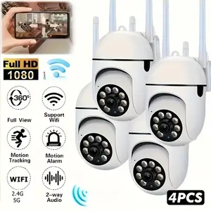 4pcs 5G WiFi Security Cameras, 1080P, Supports 360° Pan-Tilt Rotation, Smart PIR Human Detection, Full-Color Night Vision, Two-Way Audio, PTZ Control, IP54 Weatherproof for Indoor & Outdoor Use, Equipped with App Remote Viewing.
