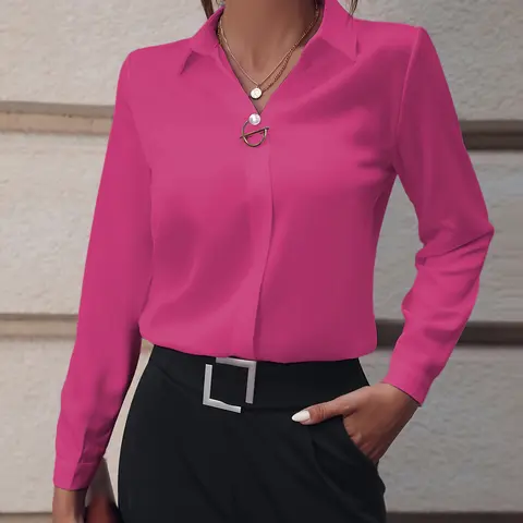 Women's Solid Color Long Sleeve Blouse Shirt, Faux Pearl & Metal Accent, Casual Style All-Season Top, Womenswear, Fitted Top