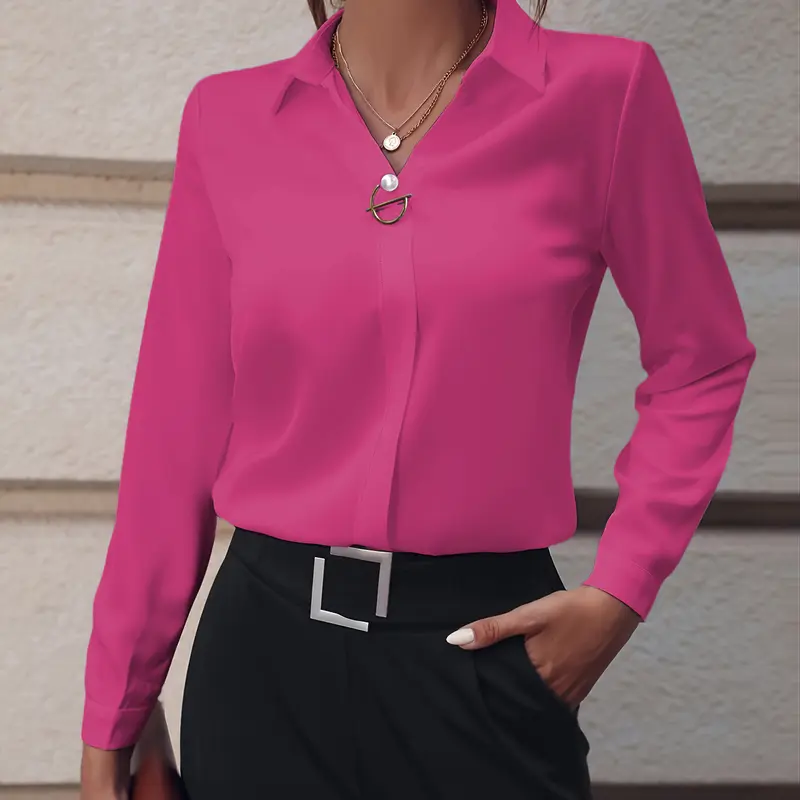 Women's Solid Color Long Sleeve Blouse Shirt, Faux Pearl & Metal Accent, Casual Style All-Season Top, Womenswear, Fitted Top