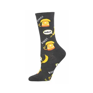 Banana Phone Crew Socks - Women's Black Socks with Banana and Phone Graphic, Comfortable Fit