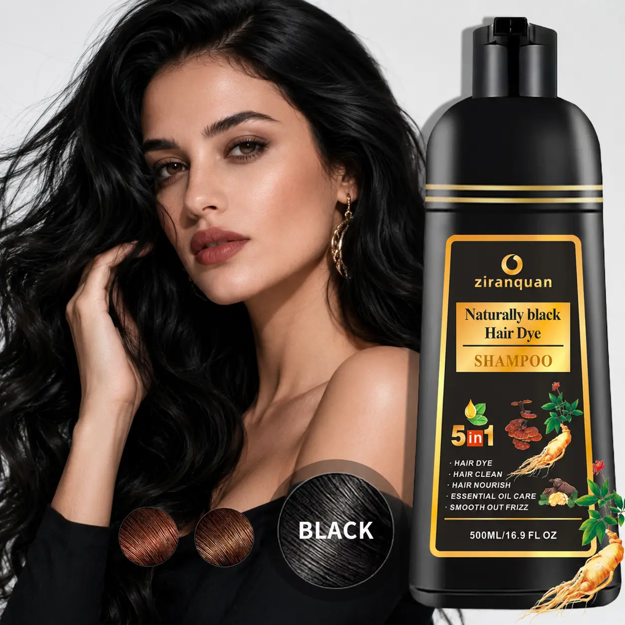 Jet Black Hair Dye Shampoo, 10-Minute Ammonia-Free Herbal Color for Gray Coverage with Ginseng & Ginger, Adds Shine for Fine, Normal & Curly Hair, 500ml, Haircare, Visible Gray Hair