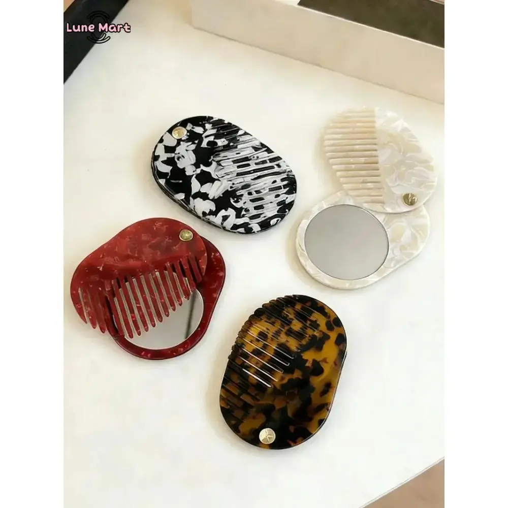 Mermaid Folding Detangler Brush with Mirror, Compact Acetate Hair Tool with Anti-Static Wide-Tooth Bristles and Sliding Cover, Comb Mirror, Detangling Hair Brush, Foldable