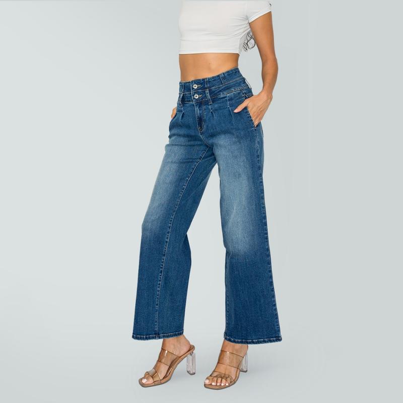 PREJEAN Y2K Washed Baggy Jeans for Women Trendy High Rise Straight Wide Leg Denim Pants with Pocket Fashion Casual High Street Long Trousers Elegant Loose Fit Floor Length Jeans