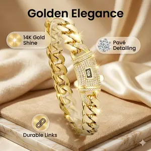 14K Gold Plated Iced Out Cuban Link Bracelet for Men Women, Lab Diamond Pavé Box Clasp Hip Hop Jewelry, Heavy Bling Streetwear Bracelet, 14K Gold Shine Luxury Gift, Handcrafted Durable Links