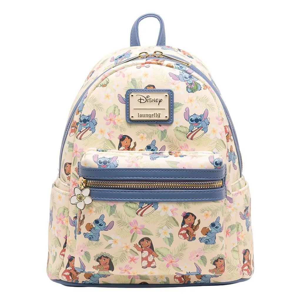 Loungefly Disney Lilo & Stitch Hula Dance Celebration Faux Leather Mini Zip Backpack - Female Casual Daypack, Zip Closure, Plumeria Flower Zipper Pull, Graphic Allover Print, 9.5" W x 10.5" H x 4.5" D, Adjustable Strap