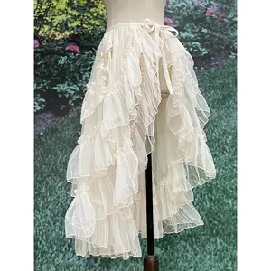 Gothic Lolita Lace Mesh Ruffles Fairy Princess Party Skirt Women Asymmetrical Cute Curtain Sheer Cover Up Thin Long Skirt White