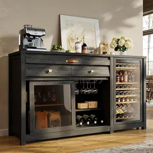 STO'SENSE Extra Large Coffee Bar Cabinet w/Fridge Space&Power Outlet,Lux MiniFridge Cabinet w/2Drawers,Wine Rack,Leather Handle,Adj.Shelves,Bar Tray,Glass Holder&Sliding Door,Buffet Sideboard,Black