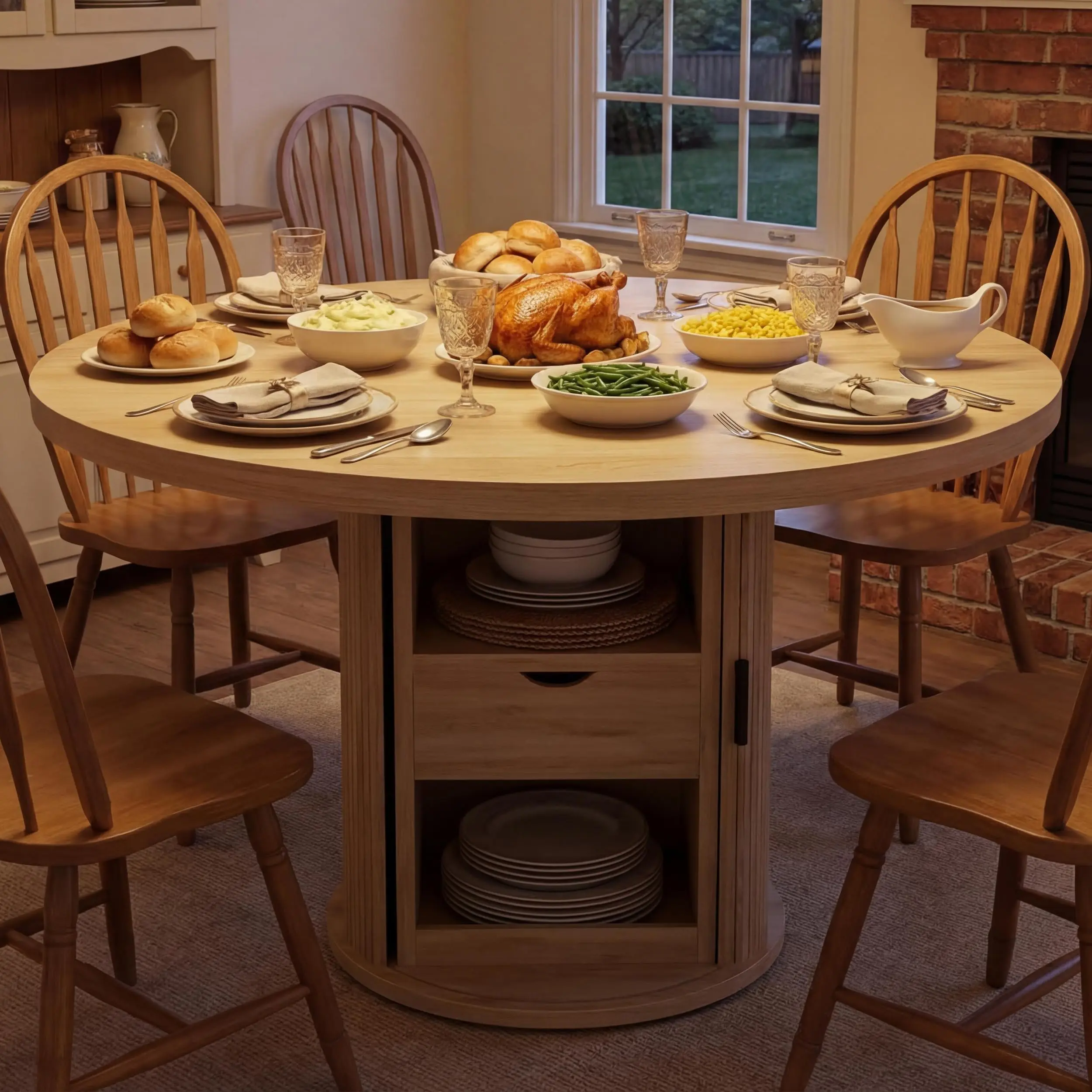 Garvee 47" Round Farmhouse Dining Room Table - Wood Frame, 2-Layer Storage Shelf, Drawer, Built-In Sliding Doors, Seats 4-6, for Everyday Meals, Natural/Walnut/Black Finishes