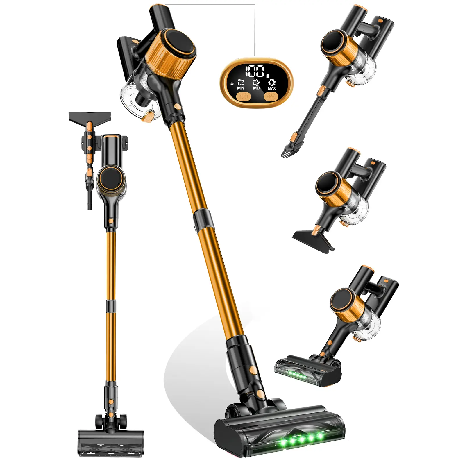 Cordless Vacuum Cleaner, 350W 30Kpa,3 Suction, LED Display, Removable Battery, Anti-Tangle Brush & Green LED for Home/Hardwood/Floor/Pet Hair/Car