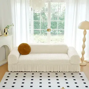 Stretchable Floral Embossed Sofa Cover with Skirt, Dustproof Sofa Protector, Home Living Room Decoration, Printed Sofa Slipcover