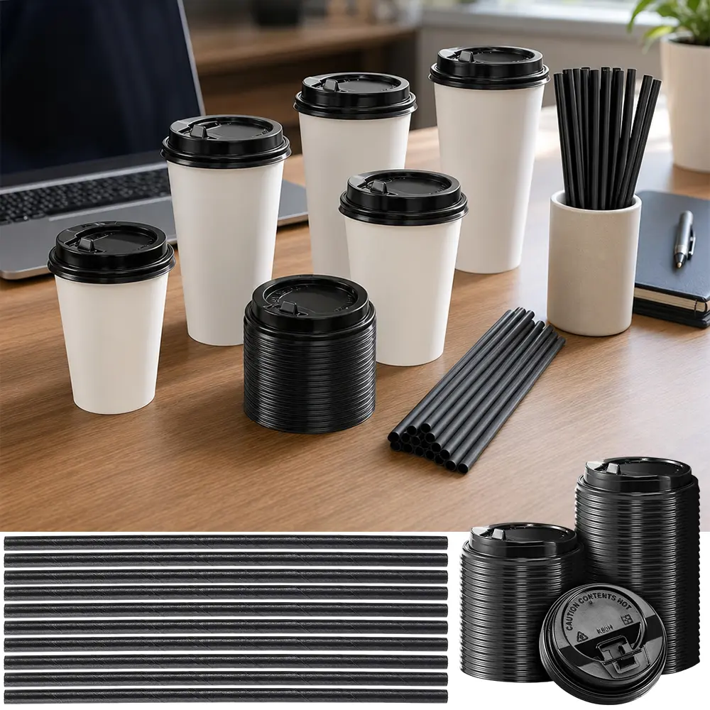 100 Pieces Black Coffee Cups Lids 3.54'', Disposable Plastic Lids for 10, 12, 16, 20 oz Paper Coffee Cups, Come with 100 Straws