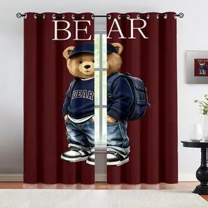 Handsome teddy bear pattern, 2-piece curtain set, suitable for living room, balcony, and bedroom windows, perfect for home, seasonal, holiday room decoration
