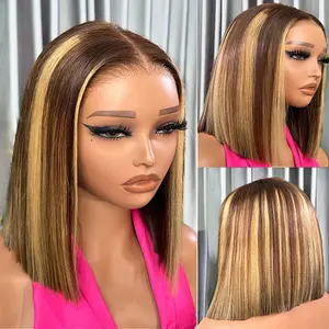 4/27 Highlight Ombre Bob Wig Glueless Ready Wear Go Wig Straight Honey Brown 6x4 HD Lace Front Wig 180% Short Bob Wig Pre plucked Natural Hairline Beginner Friendly Wig for Women
