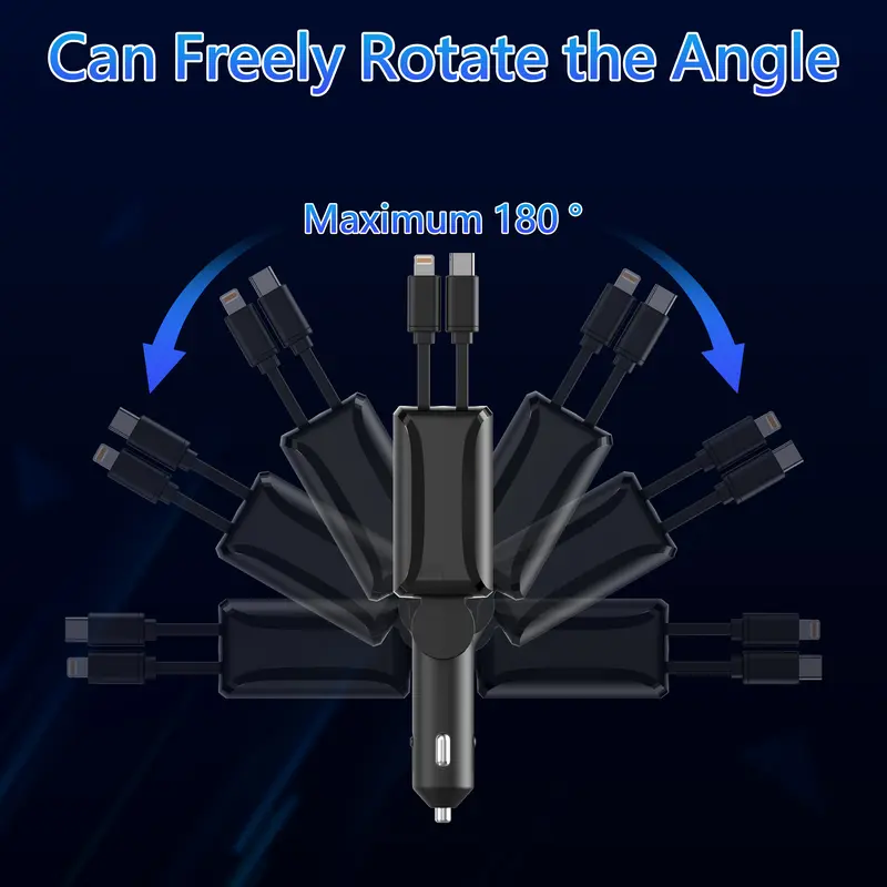 Product Introduction of 4-in-1 Retractable Car Charger, 100W USB-C Fast Adapter with Lightning Cable & Dual Ports for iPhone, iPad, AirPods, Samsung, Google Pixel 10