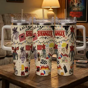 Stranger Inspired Theme Car Cup (40oz30oz20oz) Vintage Cartoon Illustration Pattern Durable Stainless Steel Double Wall Insulated Leak Proof Easy Carry for Travel Camping Cycling Party Gift Use