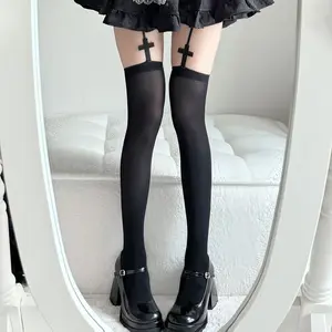Dark Gothic Cross Thigh High Stockings, Sexy Punk Alt Style Sheer Suspender Thigh Highs