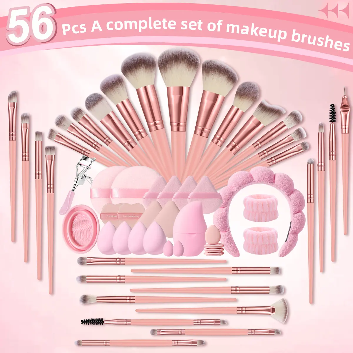 56 Piece Face Makeup Tool Set, 30 Makeup Brushes & Hair Tie Headband & 2 Wrist Straps & 4 Large Makeup Sponge Puffs & 4 Fan-Shaped Puffs & 2 Mini Makeup Sponges & 2 Thickened Fan-Shaped Puffs & 4 Thumb Puffs & 2 Large Circular Puffs & 2 Cushion Puffs & Ic