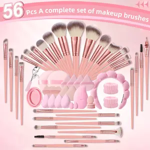 56 Piece Face Makeup Tool Set, 30 Makeup Brushes & Hair Tie Headband & 2 Wrist Straps & 4 Large Makeup Sponge Puffs & 4 Fan-Shaped Puffs & 2 Mini Makeup Sponges & 2 Thickened Fan-Shaped Puffs & 4 Thumb Puffs & 2 Large Circular Puffs & 2 Cushion Puffs & Ic