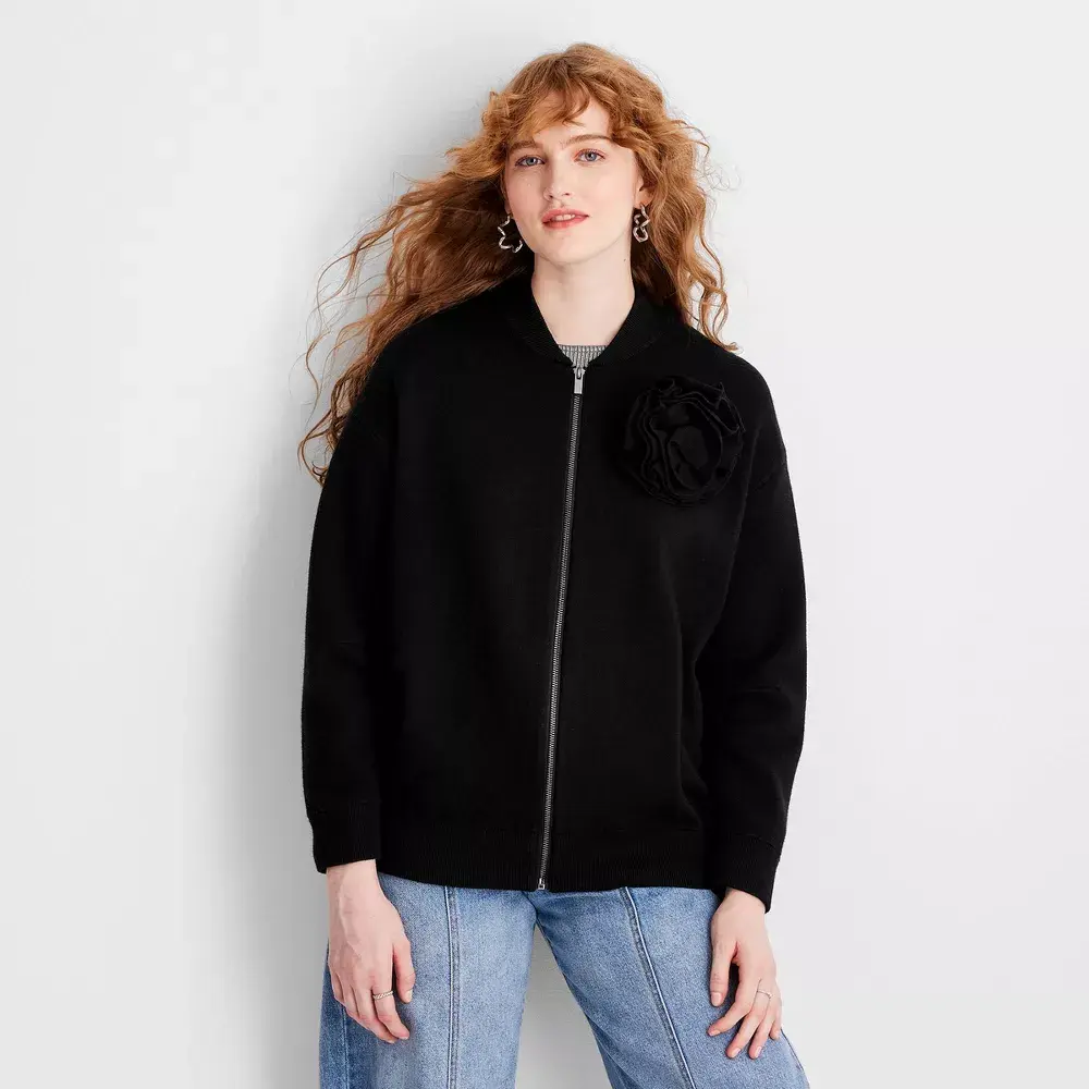 Women's Chic Rosette Nylon-Knit Ribbed Long Sleeve Bomber Jacket - Future Collective Black M, Viscose Garment, Women's Tops Coats Category