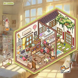 Three Cartoon-style Creative Tailor Studio Landscape Transparent PET Stickers Suitable for Waterproof Decoration on Suitcases, Phone Cases, Laptops, Helmets, Skateboards, and Other DIY Creative Stickers.