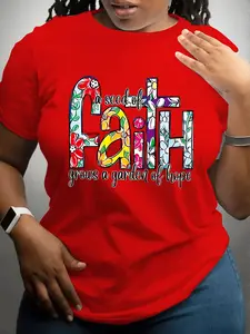 【Plus Size】 Letter Print Round Neck Tee, Fashion Casual Crew Neck Short Sleeve T-Shirt for Daily Outdoor Wear, Women Plus Clothing for All Seasons, Top