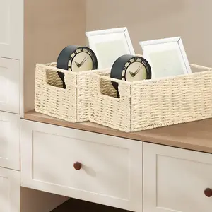 4 Woven Rope Storage Baskets | Foldable Natural Wicker Organizer | Ideal for Bathroom Toilet Paper, Towels, Shelf Organization & Boho Home Decor