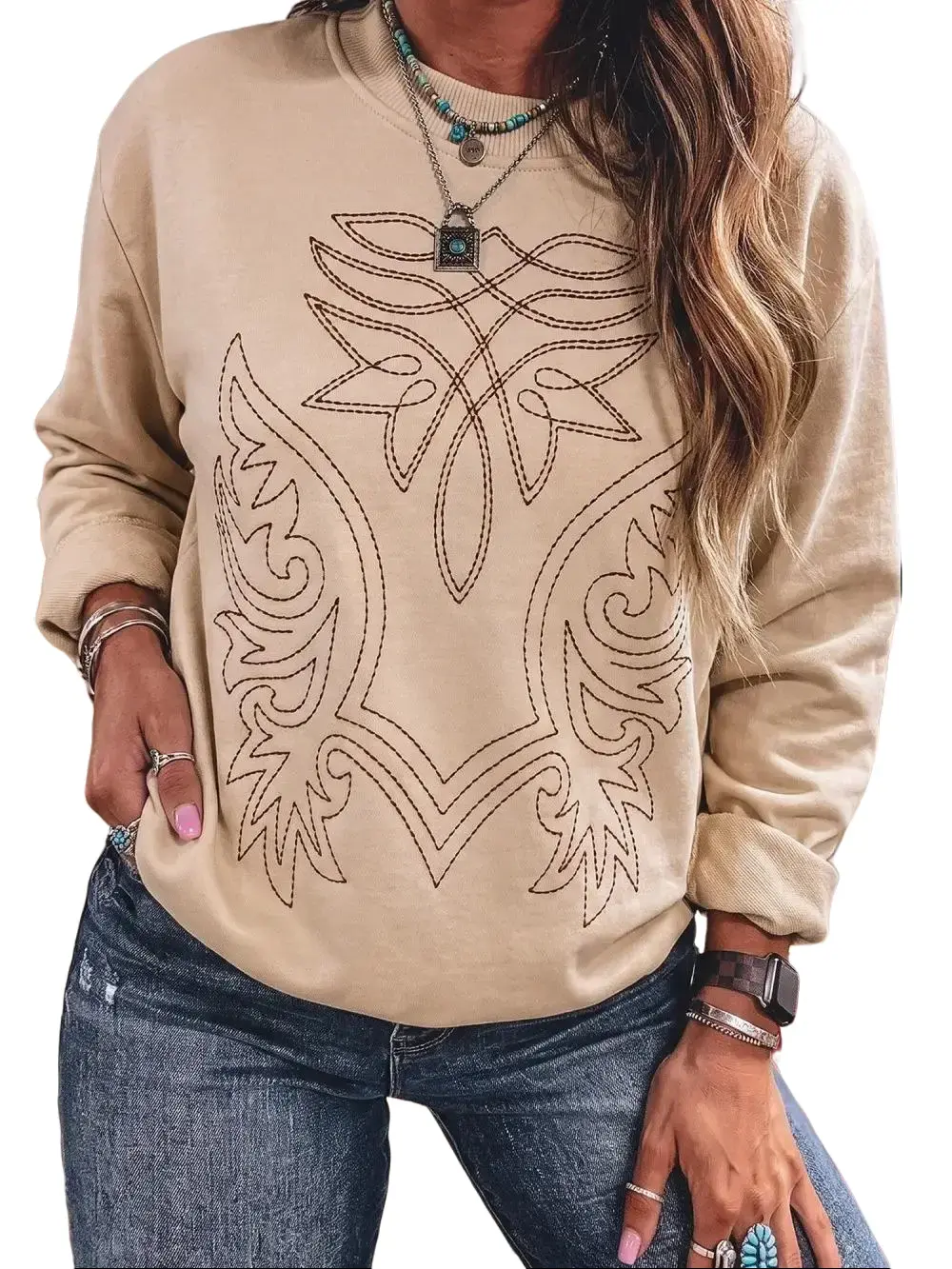 PHEFEE Women's Western Embroidered Sweatshirt Crewneck Long Sleeve Pullover Vintage Graphic Top Fall Winter Clothes Casual Cowgirl