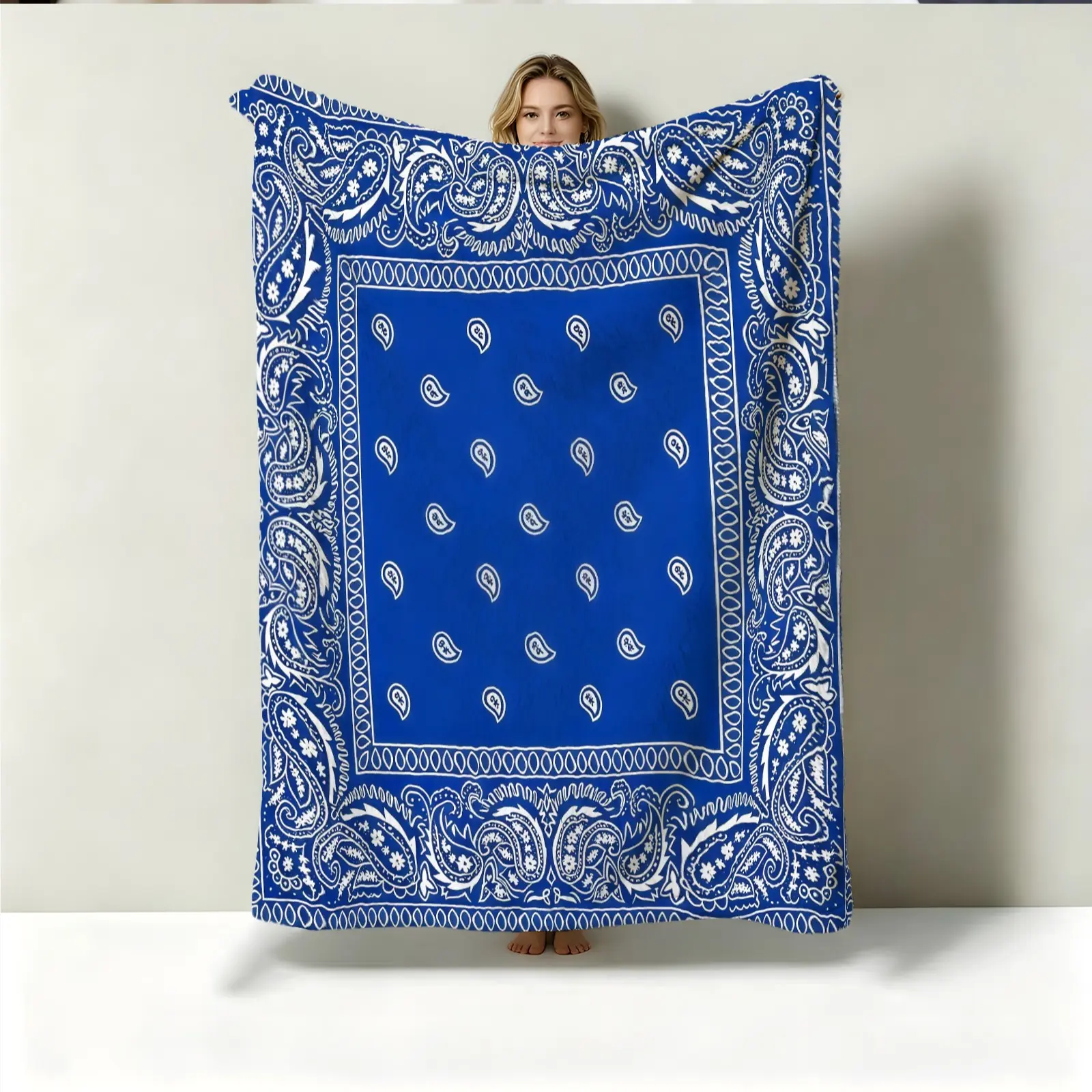 American Paisley Bandana Print Throw Blanket, Classic Bandana Pattern Design, Fluffy Soft No Shedding, Ideal for Summer Music Festival Camping Outdoor Use