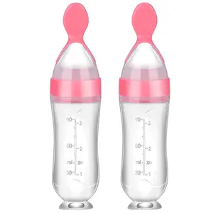 Baby Spoons 2 Pack Silicone Baby Food Feeder 3 oz Squeeze Feeding Spoon Toddler Dispensing Feeder Suction Cup Design Travel Friendly for Kids Toddlers Boys Girls(Pink)