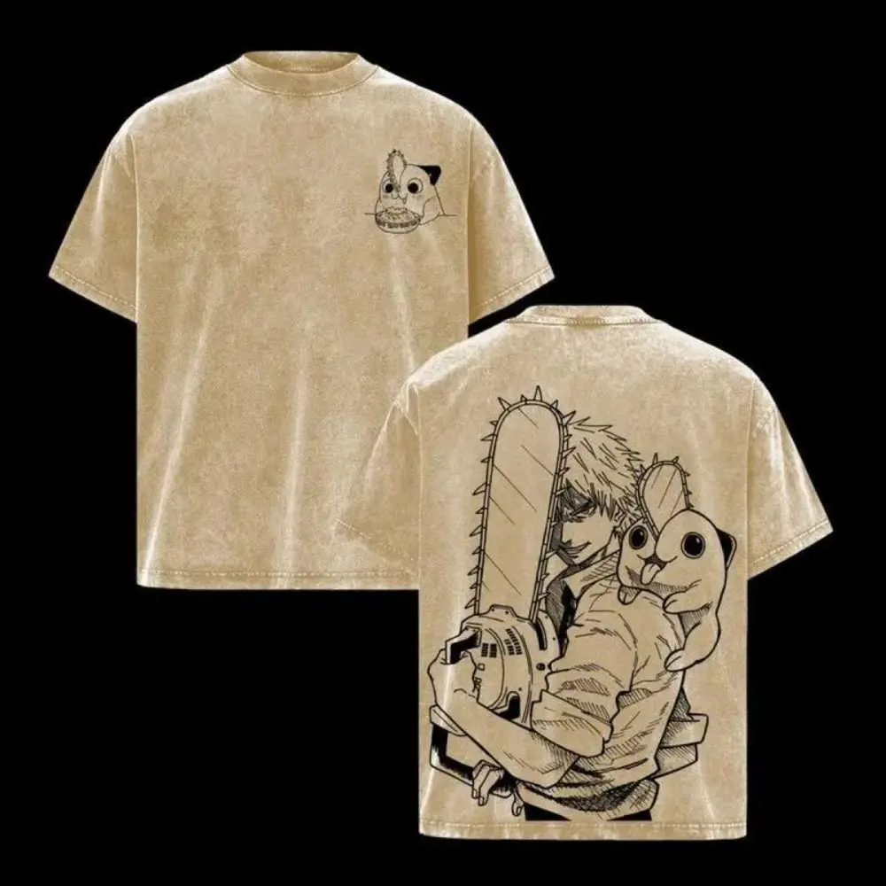 Denji & Pochita Chainsaw Man Shirt – Dark Streetwear Oversized Anime Graphic Tee, Vintage Acid Washed Cotton Top, Casual Manga Outfit, Chainsaw Man Merch for Fans & Streetwear Lovers vintage style top Chainsaw Man anime merchandise