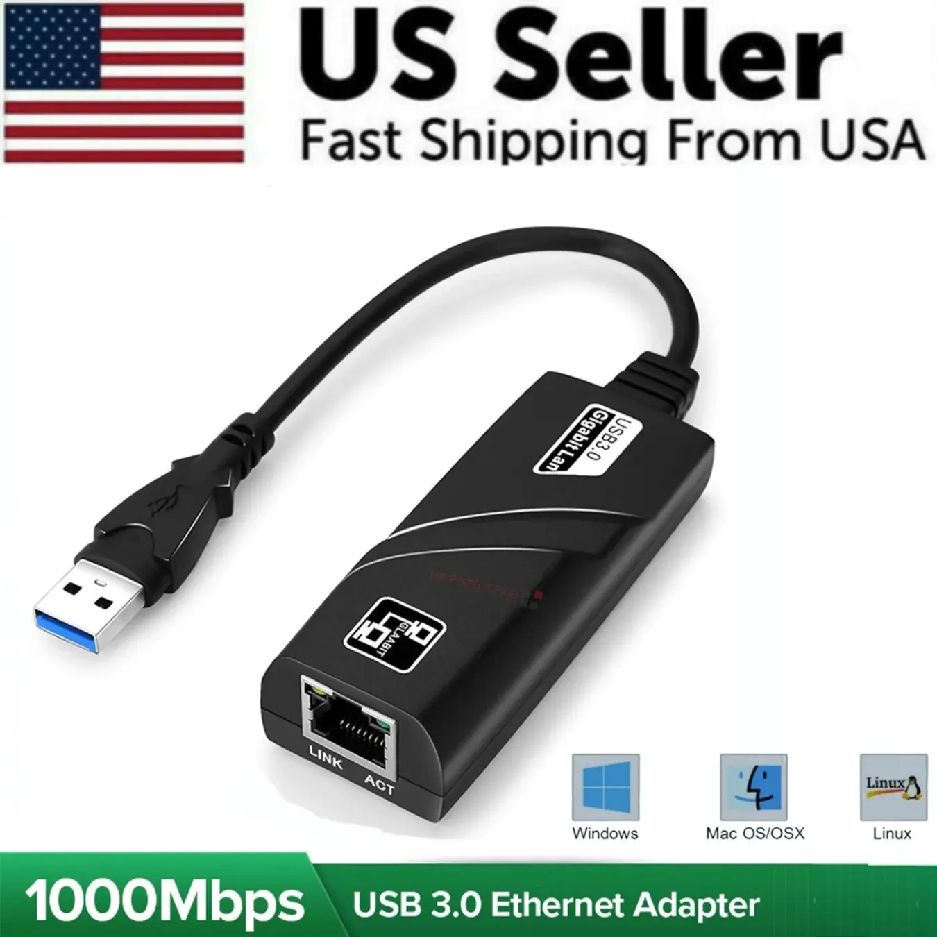 USB 3.0 to Gigabit Ethernet Adapter, RJ45 Network LAN Adapter, 1000 Mbps USB A to Ethernet Converter for Windows, Mac, Linux, Laptop, Desktop & PC | network adapter, usb network card, wired internet adapter, usb to rj45, ethernet converter