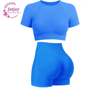 Jetjoy 2 Piece Workout Sets for Women, Short Sleeve T Shirt Tank Top + Workout Shorts Butt Lifting Gym Seamless Booty Biker Shorts, Going Out Gym Sets