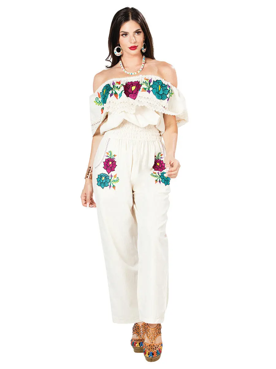Artisanal Embroidered Jumpsuit 100% Cotton Ivory