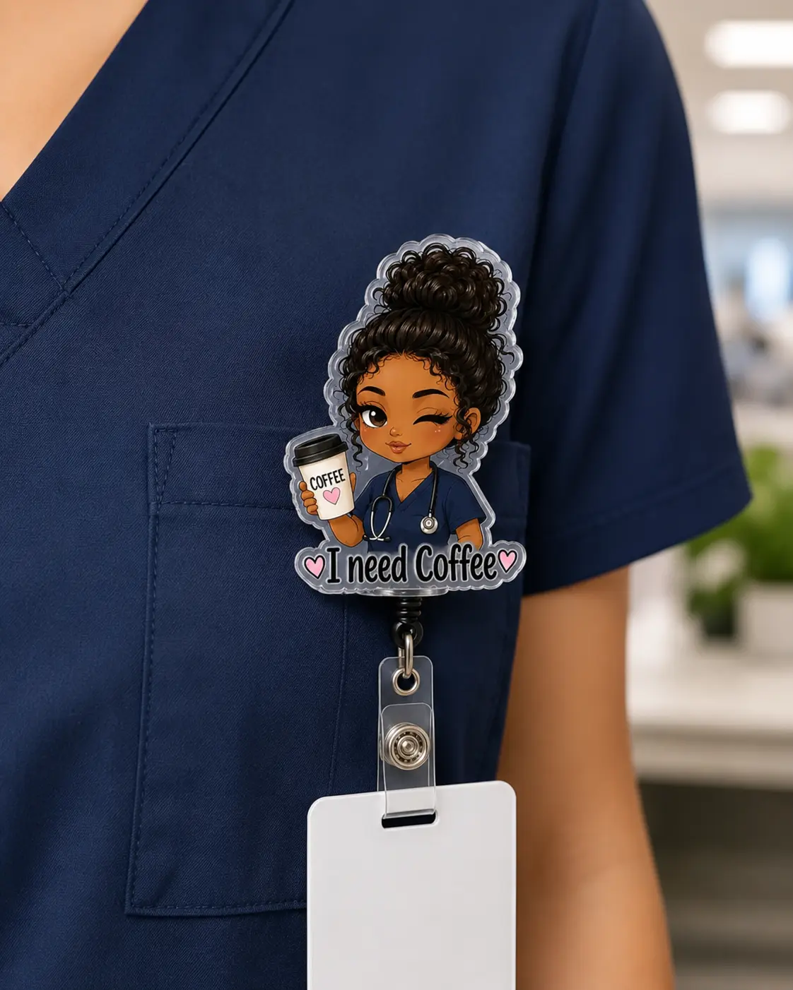 I Need Coffee Nurse Badge Reel Cute Coffee Lover Badge Holder for Nurses CNAs Medical Assistants and Healthcare Staff