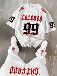 Men's Short Sleeve Top & Long Pants Set, Flame Print Design, Outdoor Vacation Picnic Party Casual Fitted Style