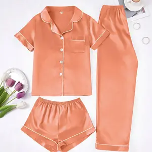 Women's Simple Solid Color 3pcs Pajama Set includes collared short-sleeve top, elastic waist shorts and elastic waist long pants, soft, lightweight and comfortable for daily loungewear and sleepwear.
