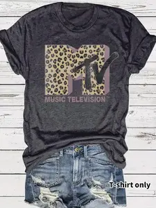 Women's Leopard Letter Print Round Neck Fitted Short Tee, Fashion Casual Vibe Crew Neck T-Shirt for Daily Holiday Vacation Outdoor Wear, Ladies Clothes for Summer, Top, Womenswear