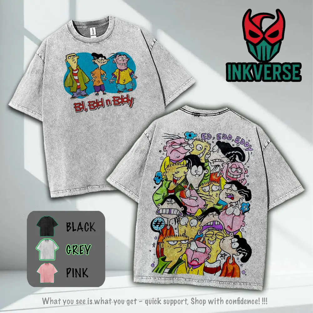 Ed Edd n Eddy v3 Washed Cotton Shirt, Cartoon Vintage Graphic Tee, Double Sided Print Retro 90s Animation T-Shirt, Streetwear Washed Cotton Top Mens Unisex