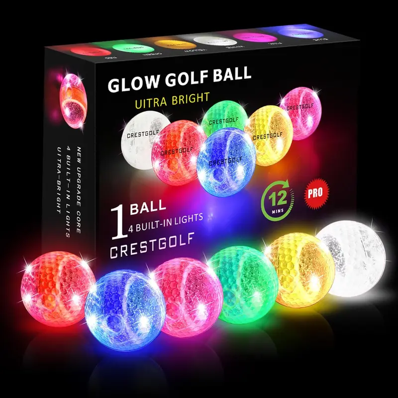 CRESTGOLF Unisex Glow-in-the-Dark Impact Activated Light Activated LED 6-Pack Golf Balls, Golf Accessory with 342-Dimple Surlyn Cover & Enhanced Resin Core for Full Control, Adult Night Sports Gift Set