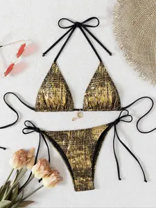 Women's Metal Pendant Decor Halter Triangle Bikini Set, Tie Back Bikinis, High Stretch Casual Fashion Tie Back Backless Swim Top & Tie Side Swim Bottom for Beach Holiday Vacation, Ladies Swimwear for All Seasons, Bathing Suits