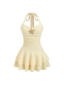 Elegant Women's Mini Dress, Spring Summer Beach Vacation, Textured Fabric, Spaghetti Strap, Metal Decorative Ruffles, Pleats